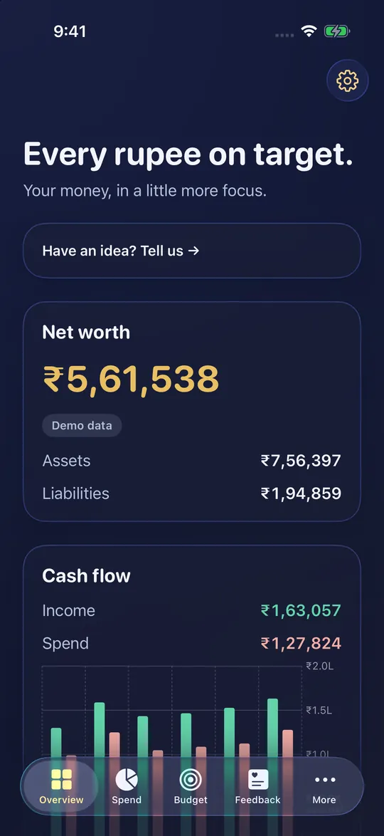 iPhone Overview in dark mode showing net worth and cash flow (synthetic demo data)