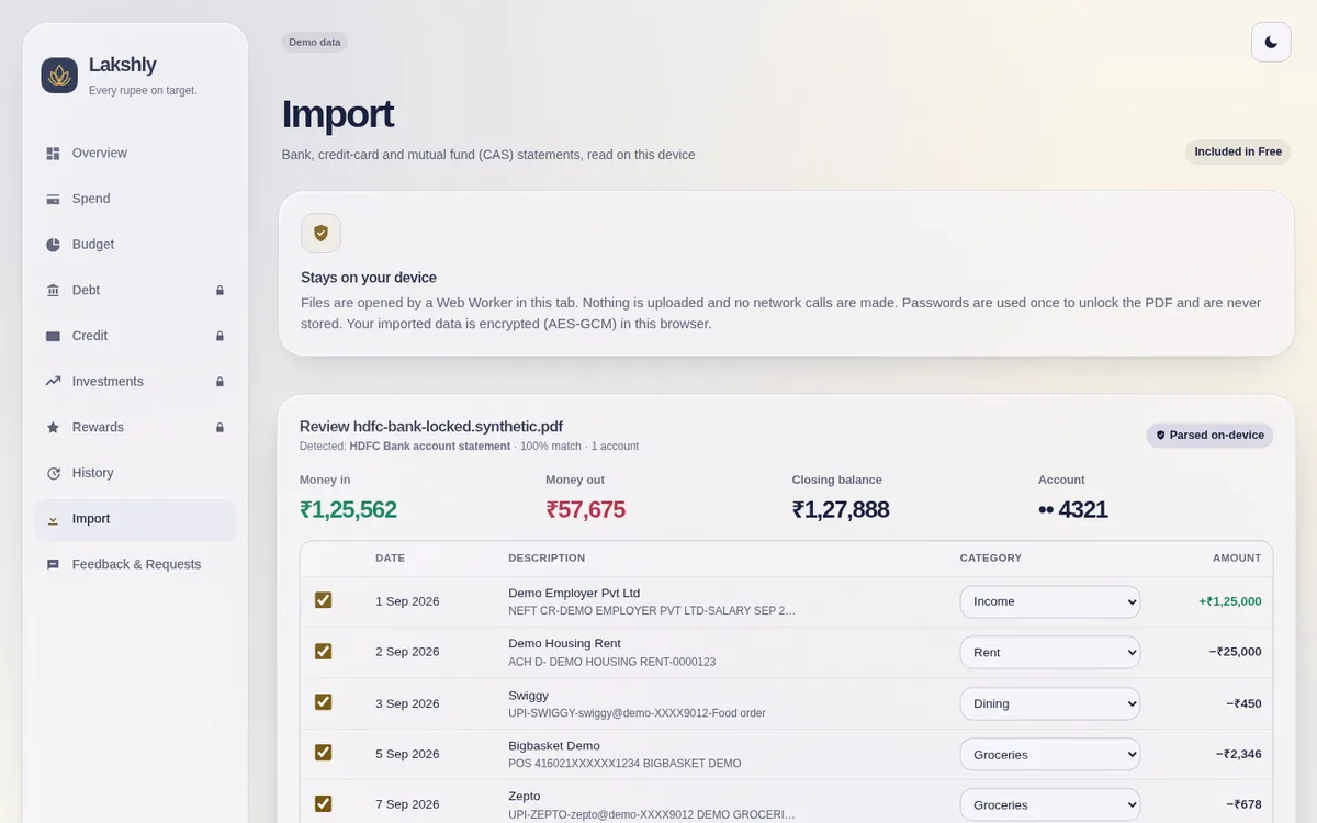 Import review: a parsed bank statement with editable categories, parsed on-device (synthetic)
